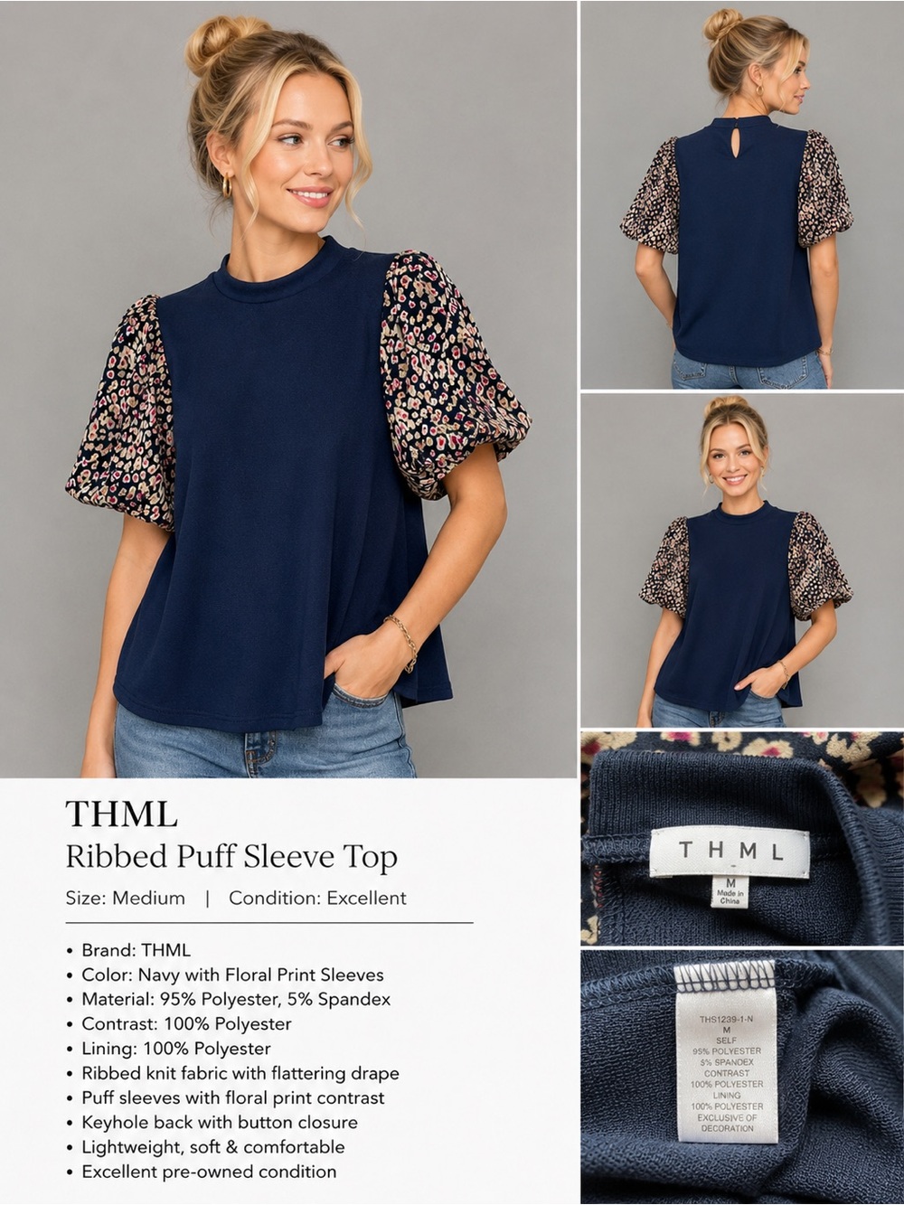 THML Navy Floral Puff Sleeve Ribbed Top Blouse Women’s M